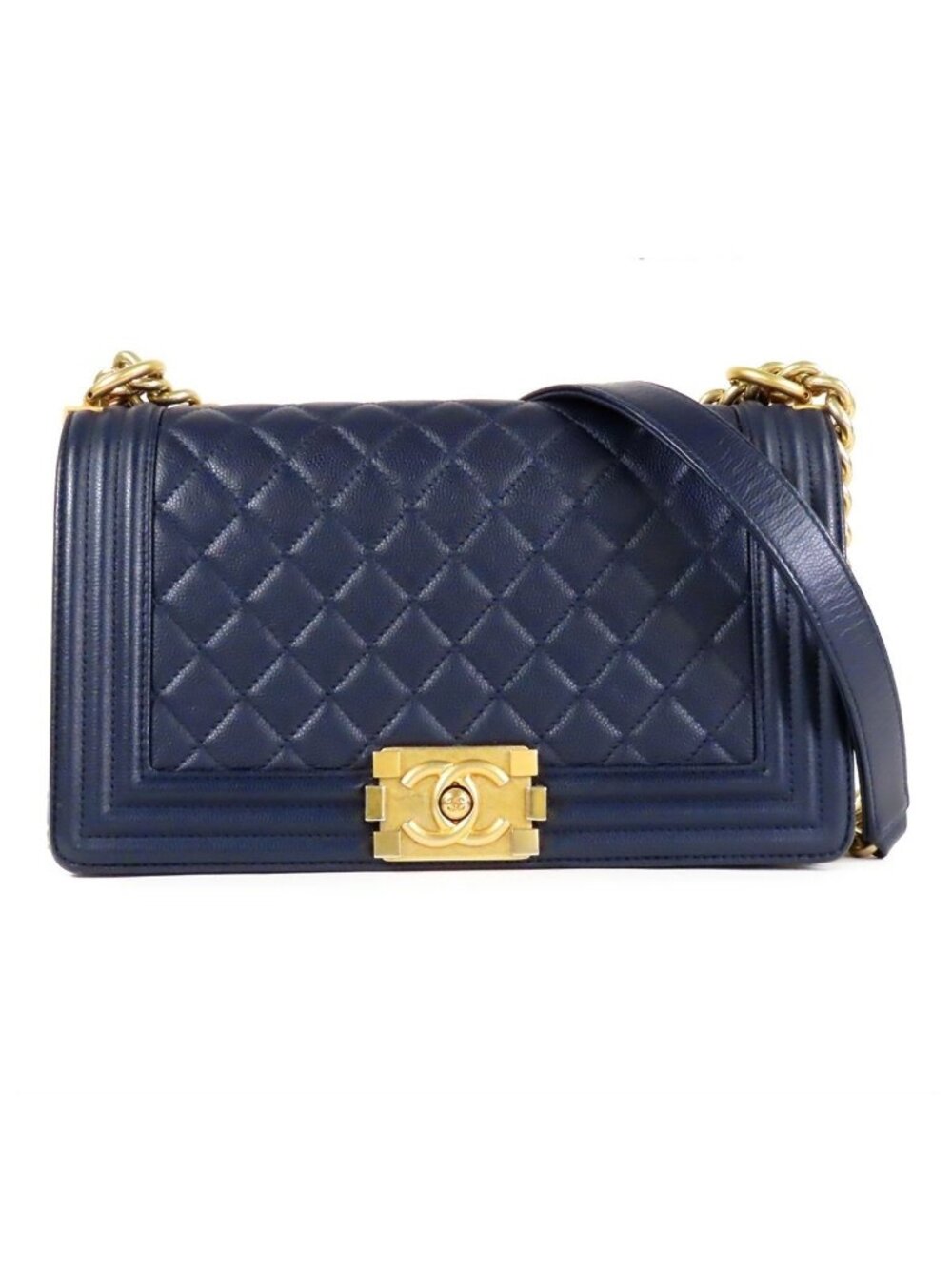Chanel Boy Navy Gold Caviar Leather Chain Shoulder Bag